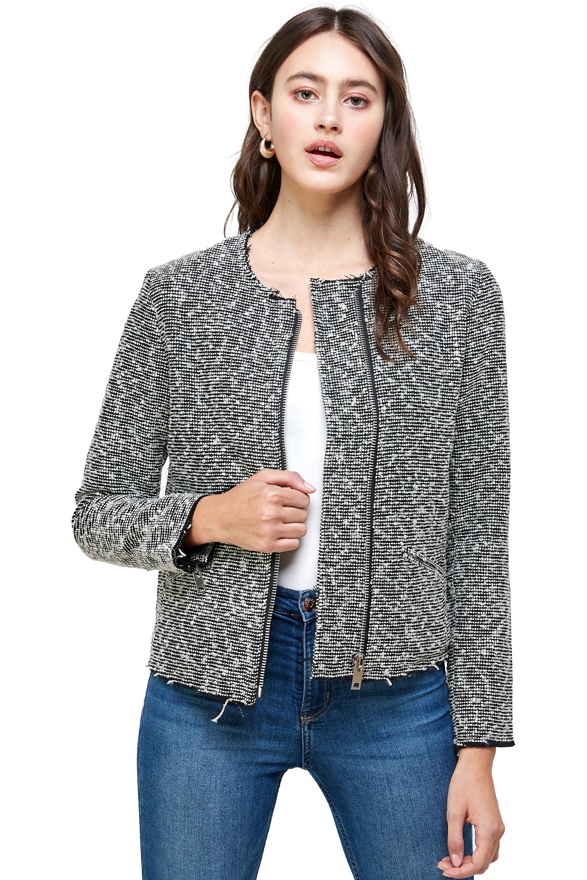 A stylish Textured Zip-Up Jacket made from boucle tweed, showcasing its elegant design and casual appeal.