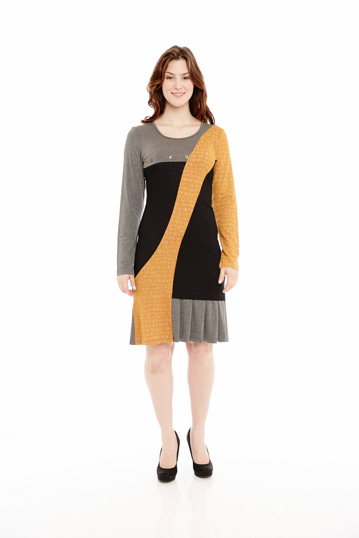 A stylish yellowish pleated dress featuring side pockets and double buttons, perfect for casual outings.