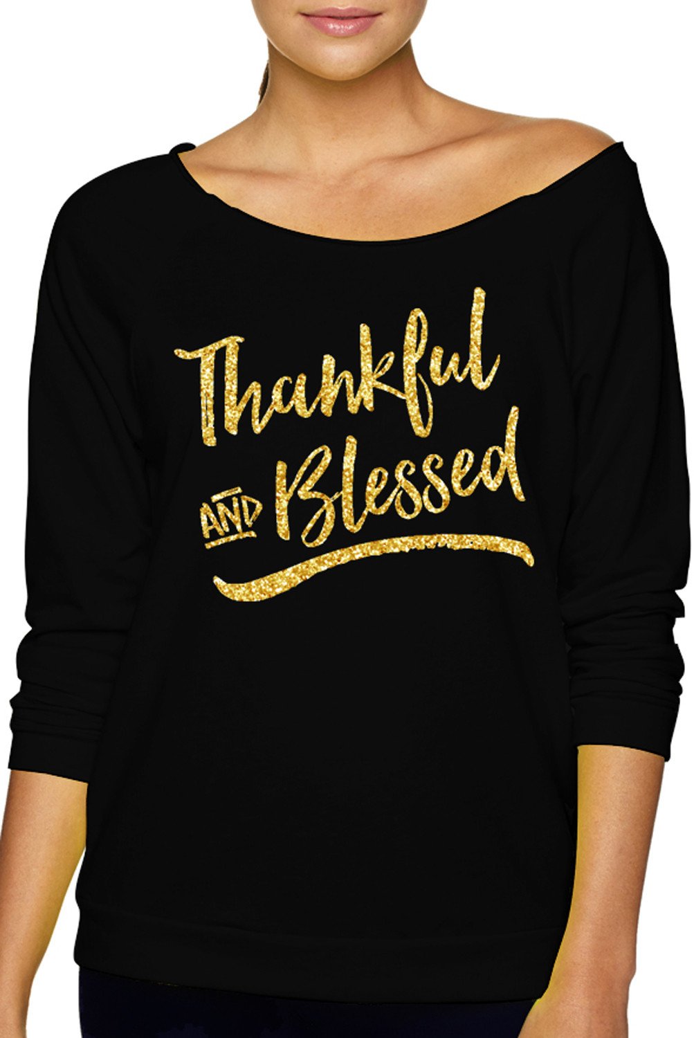 Thankful & Blessed Slouchy Sweatshirt featuring gold glitter print, perfect for fall and Thanksgiving celebrations.