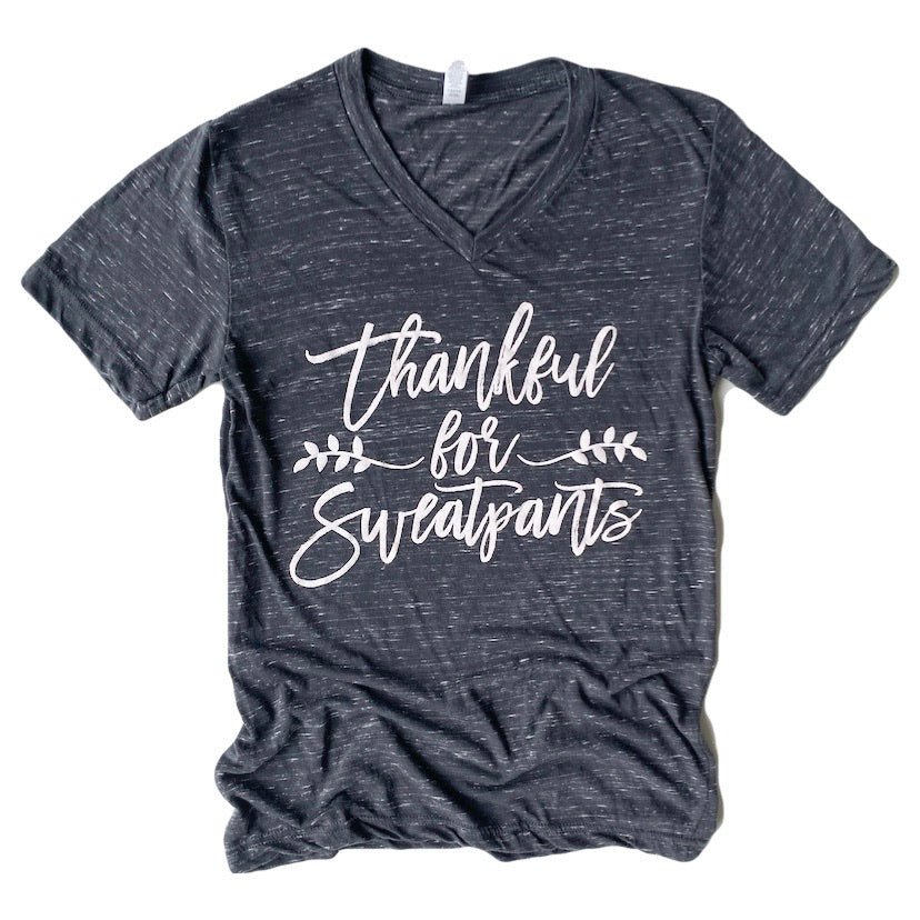 Thankful For Sweatpants T-shirt in charcoal marble color, showcasing its soft fabric and unisex fit.