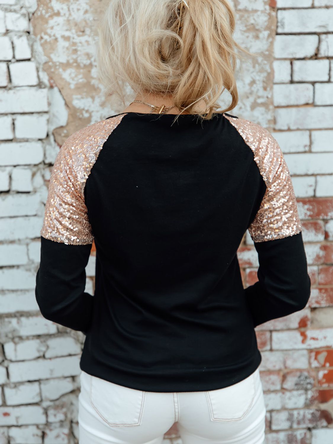 THANKFUL Lightning Graphic Sequined Top featuring a stylish lightning design and long raglan sleeves, perfect for casual wear.