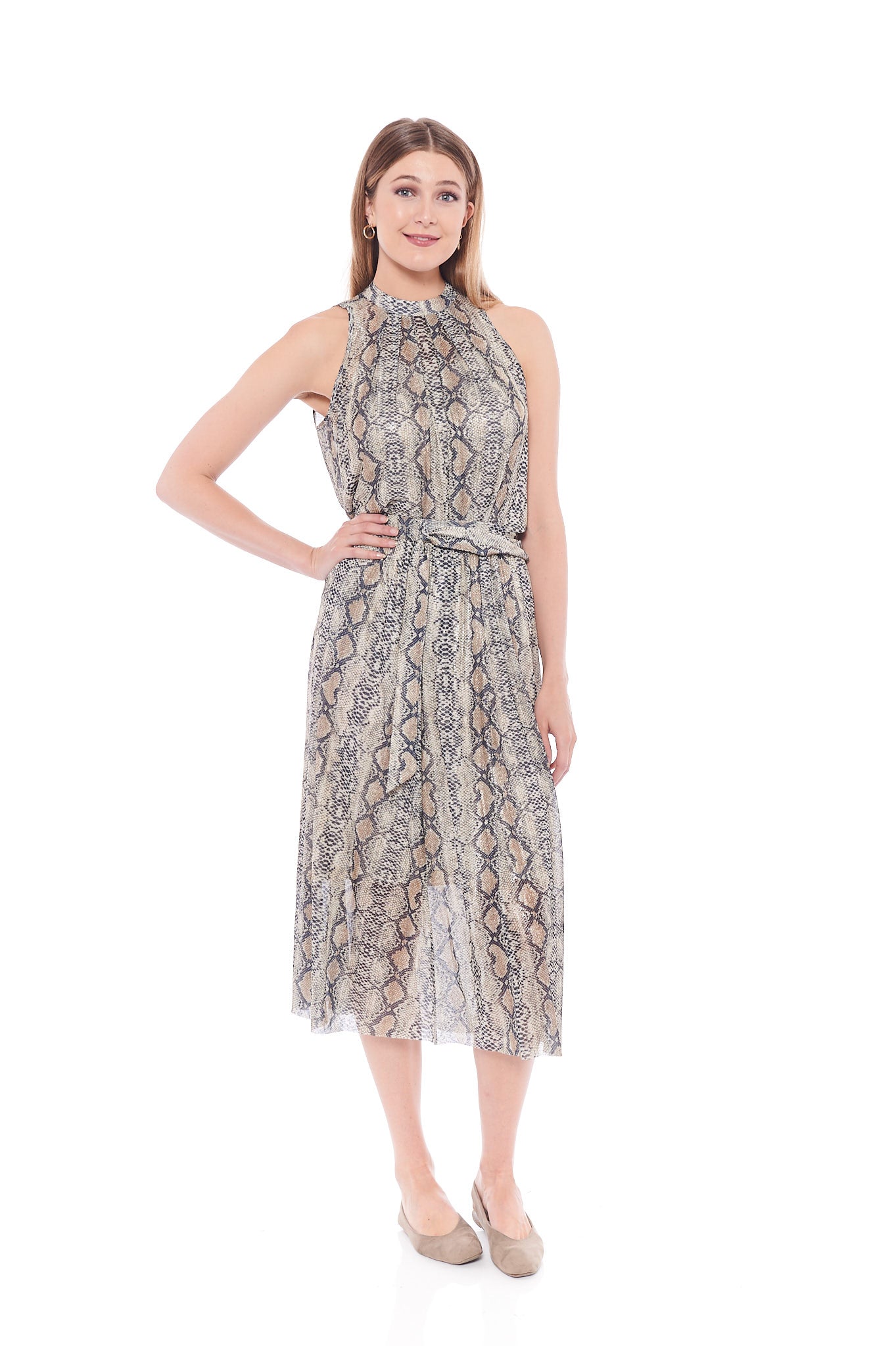 A stylish brown snake print top with a halter neck design, showcasing its sleeveless style and modest side slits for movement.