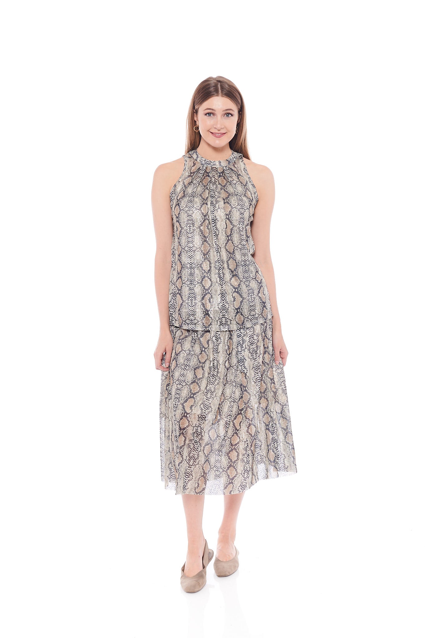 A stylish brown snake print top with a halter neck design, showcasing its sleeveless style and modest side slits for movement.