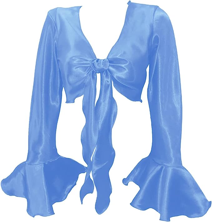 Light blue satin blouse with bell sleeves and drawstring closure, showcasing a stylish and elegant design.