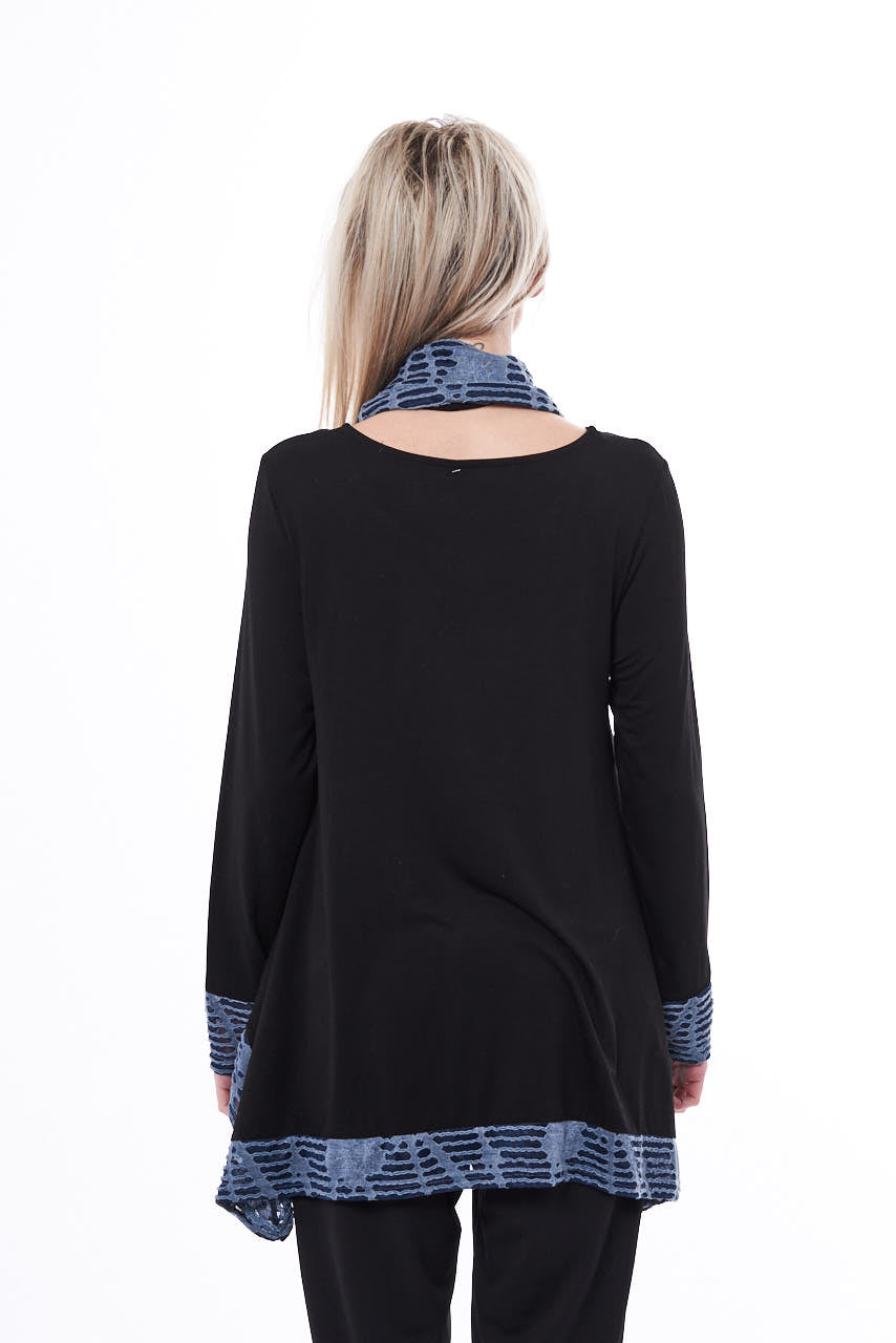A stylish black tunic featuring a scoop blue scarf, flared bottom, and soft brushed fabric, perfect for casual outings.