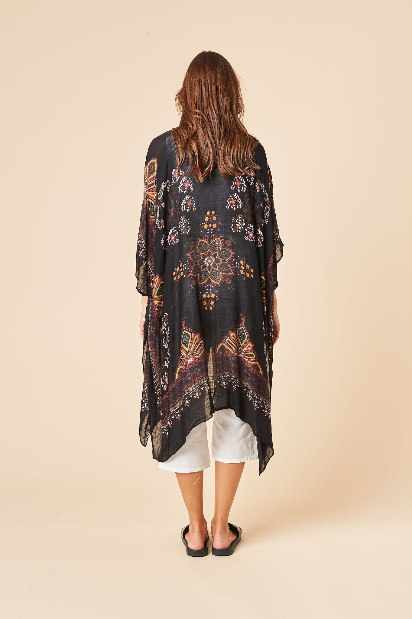 Elevate Everyday Kimono in Block Brown Print, featuring soft fabric and oversized design, perfect for stylish comfort.