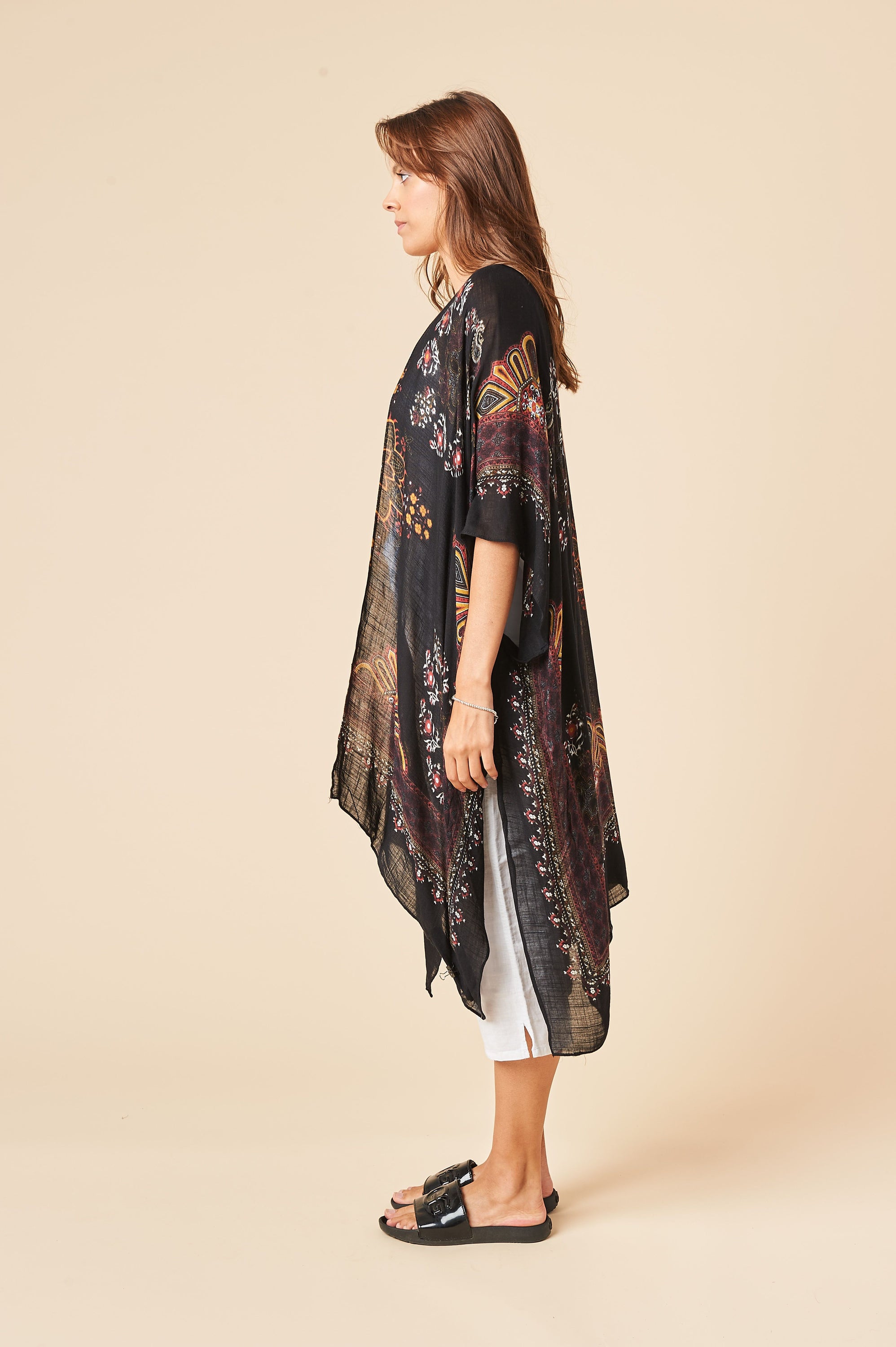 Elevate Everyday Kimono in Block Brown Print, featuring soft fabric and oversized design, perfect for stylish comfort.