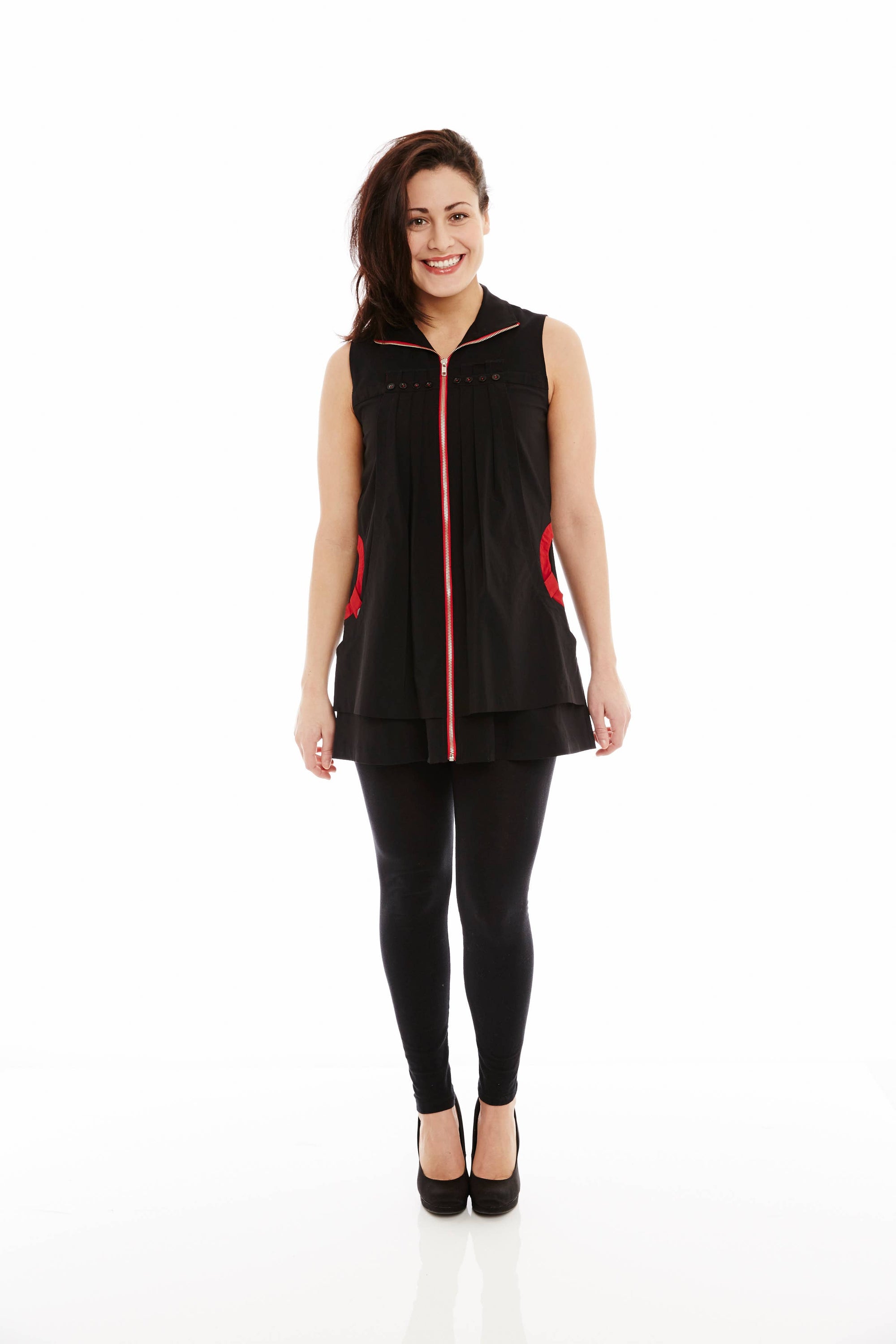 A stylish sleeveless zip-up jacket made from soft nylon and spandex, featuring a full collar and a convenient pocket, perfect for everyday wear.