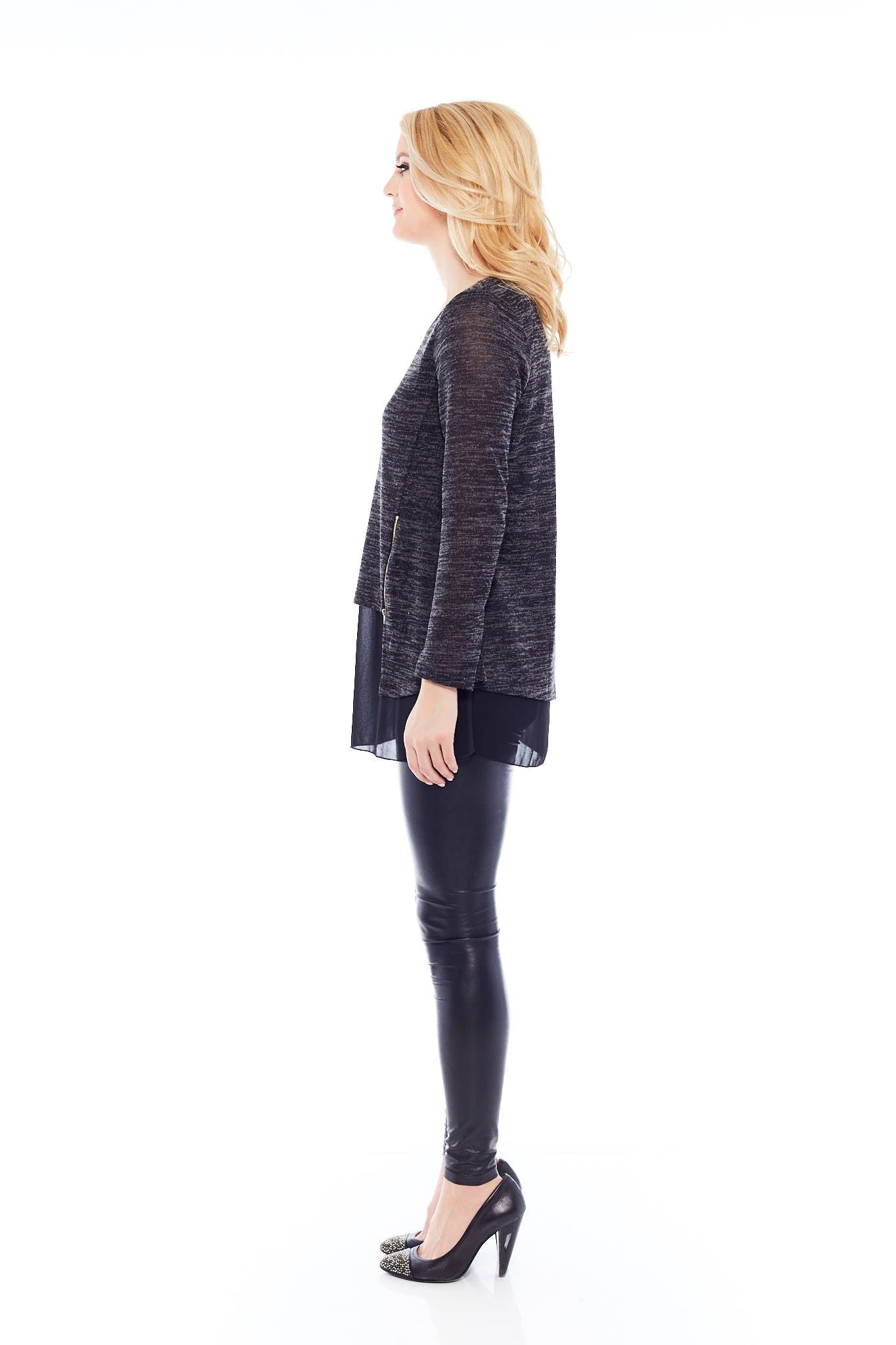 Flared Zip Long Top in Greyish Black, featuring a crew neck, full sleeves, and stylish zip detail for layering.