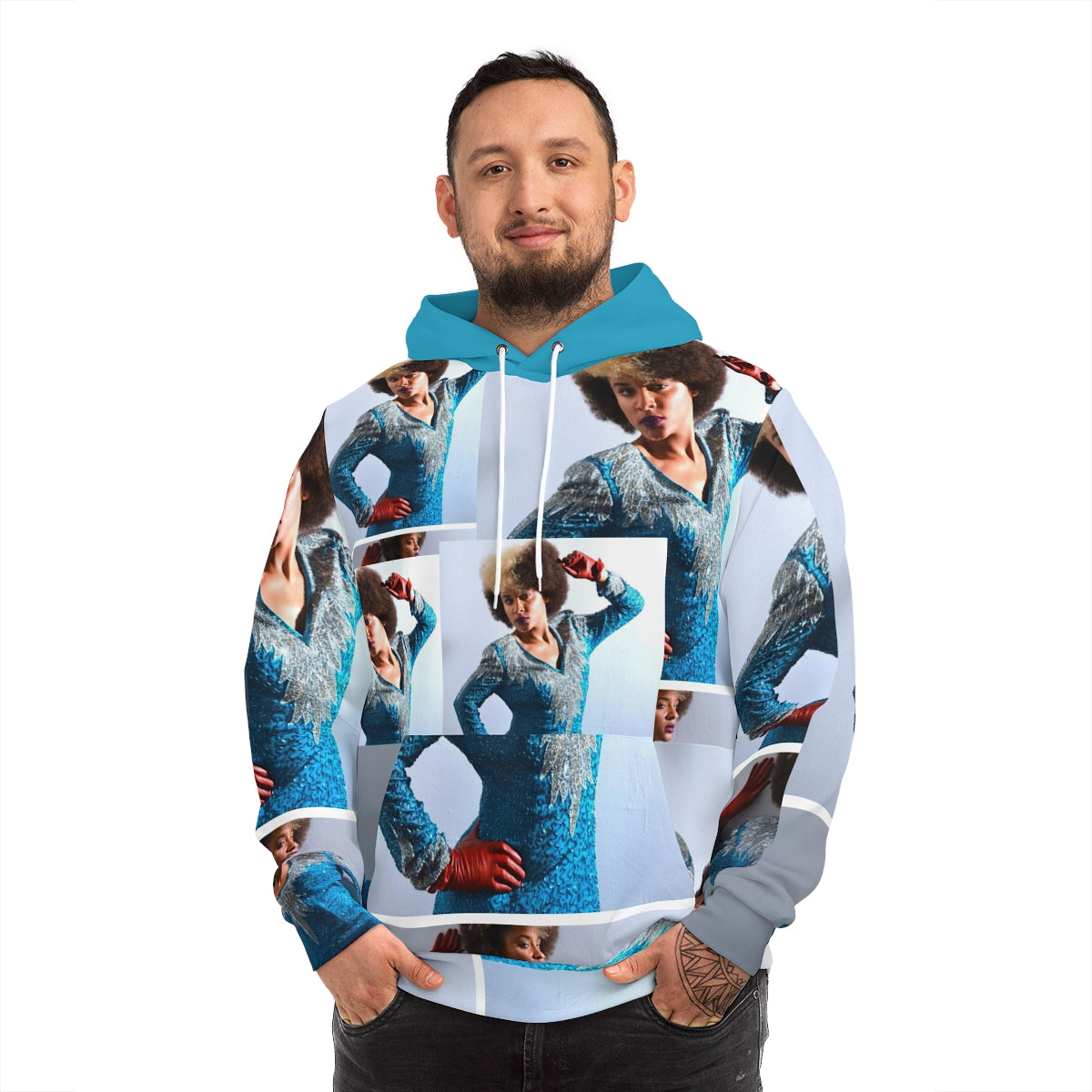 The Grady Stylee Hooded Sweatshirt featuring a stylish all-over-print design, made from a cozy blend of polyester, cotton, and spandex.