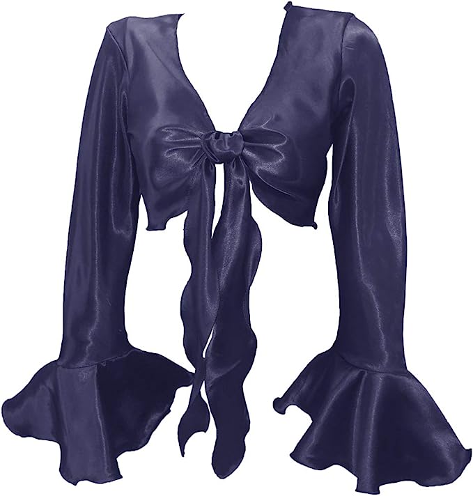 Koi Bell Sleeve Wrists Blouse in Haute Navy, featuring luxurious satin fabric and stylish bell sleeves.