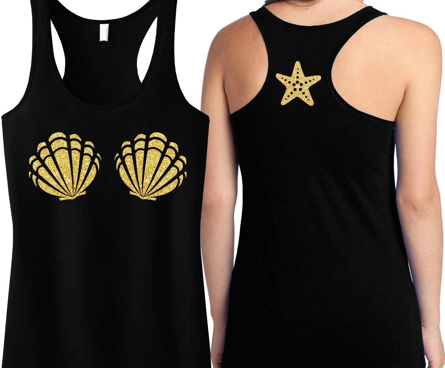Black tank top featuring gold glitter sea shells design and small starfish logo on the back, perfect for summer wear.