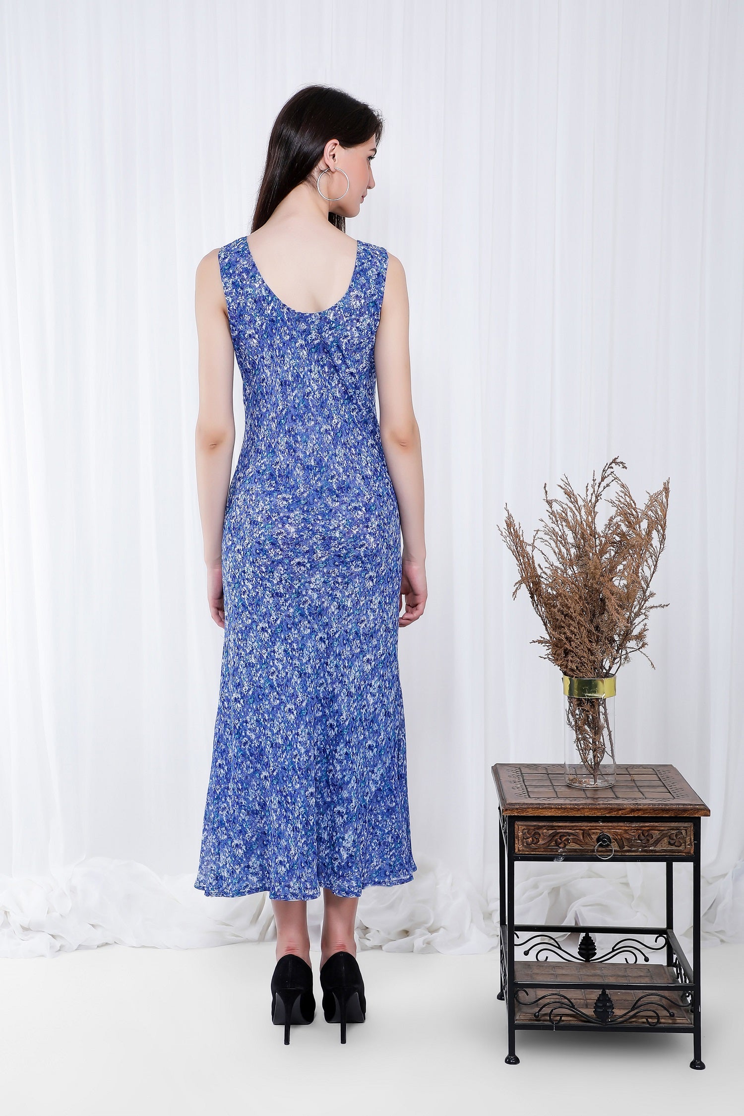 Light blue Polka Reversible Dress showcasing its elegant cowl neckline and versatile design, perfect for various occasions.