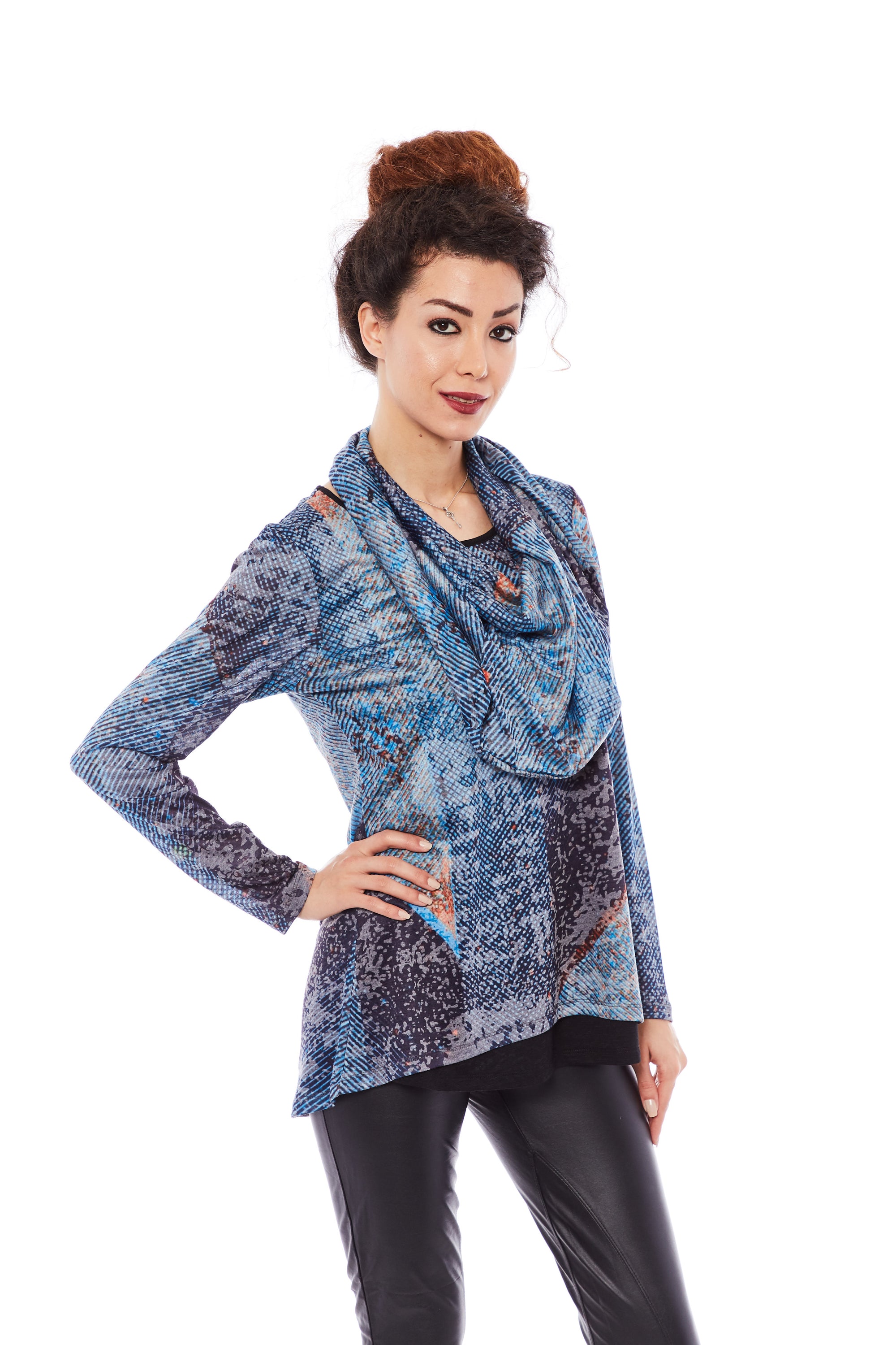 Ribbed turtleneck top in blue blackish with full sleeves and cropped design, showcasing soft fabric and stylish crew neck.