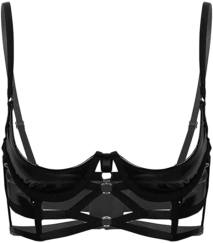 The Sade Bralette made from 100% patent leather with a hook and eye closure, showcasing its sleek and shiny design.