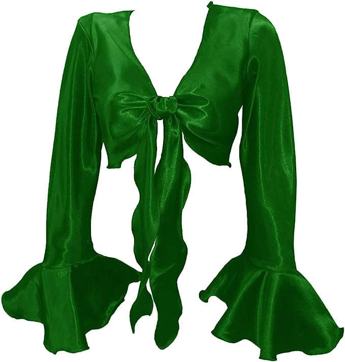 The Shai Bell Sleeve Blouse in Kew Green, showcasing elegant satin fabric and stylish bell sleeves.