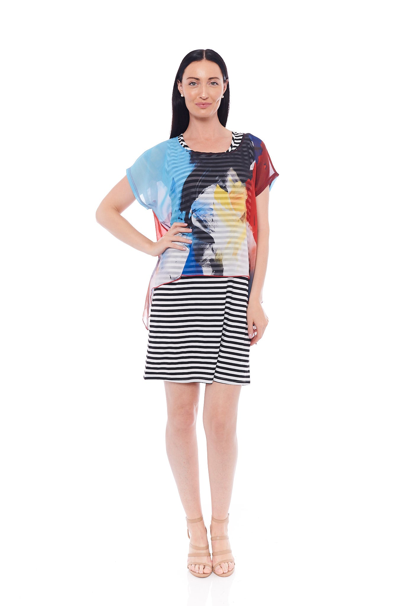 The Strip It Up Tunic in black floral design, featuring a cozy oversized fit and half sleeves, perfect for casual wear.