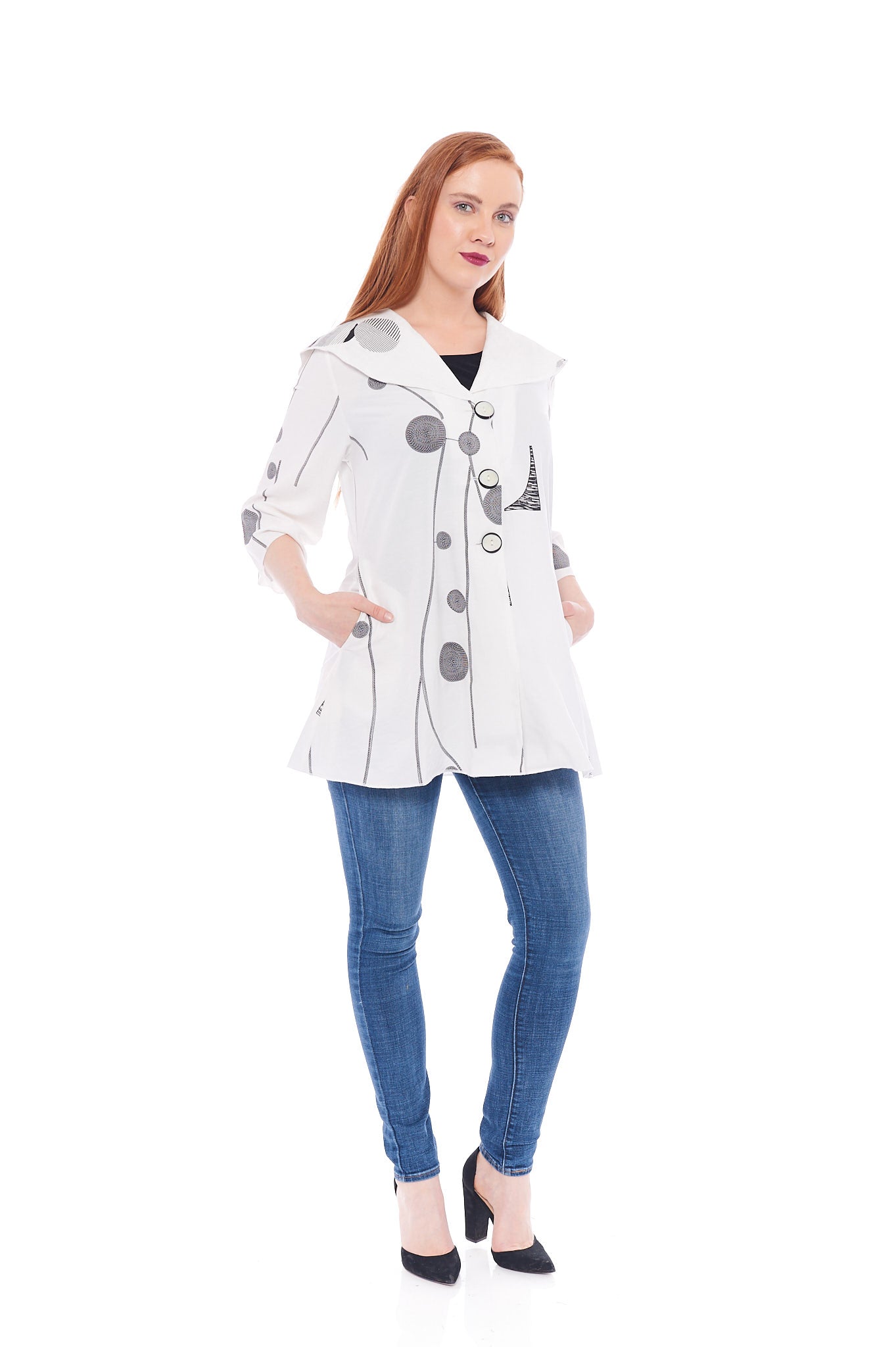The Wholesome Polka Jacket in all white featuring long sleeves, button details, and a soft fabric blend, perfect for summer wear.