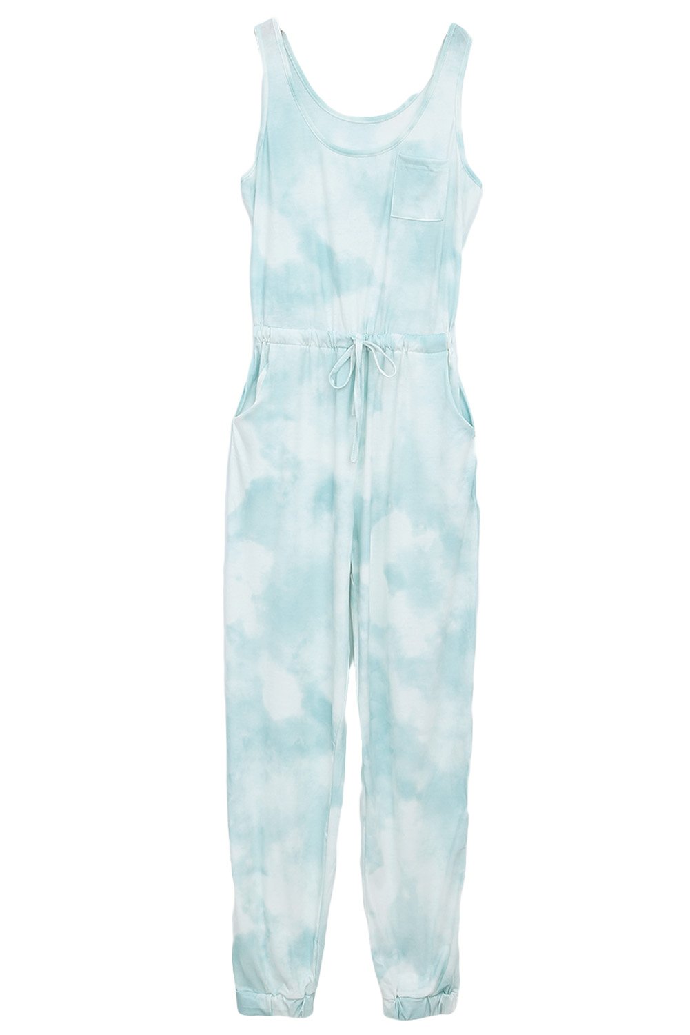 A stylish tie dye drawstring jogging jumpsuit featuring a scooped neckline, chest pocket, and relaxed jogger style with fitted ankle hems.