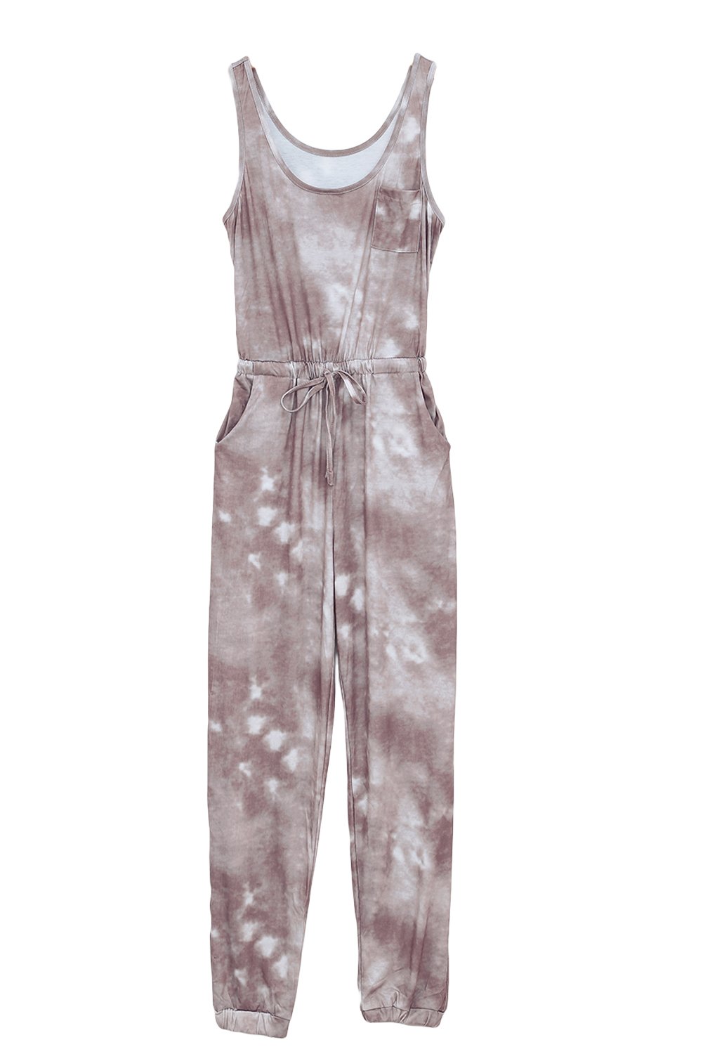 A stylish tie dye drawstring jogging jumpsuit featuring a scooped neckline, chest pocket, and relaxed jogger style with fitted ankle hems.