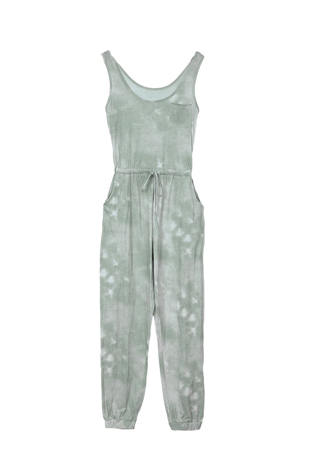 A stylish tie dye drawstring jogging jumpsuit featuring a scooped neckline, chest pocket, and relaxed jogger style with fitted ankle hems.