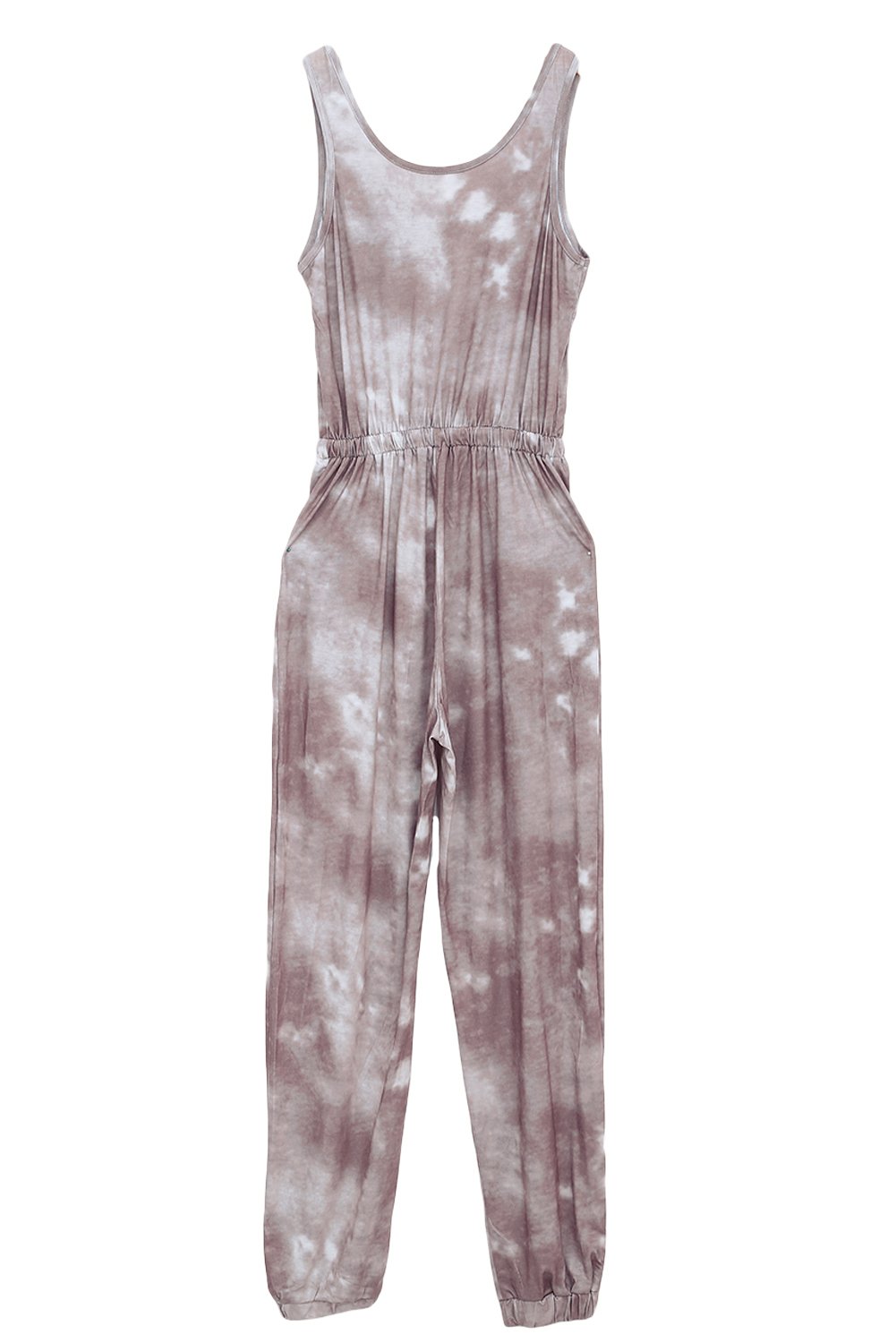 A stylish tie dye drawstring jogging jumpsuit featuring a scooped neckline, chest pocket, and relaxed jogger style with fitted ankle hems.