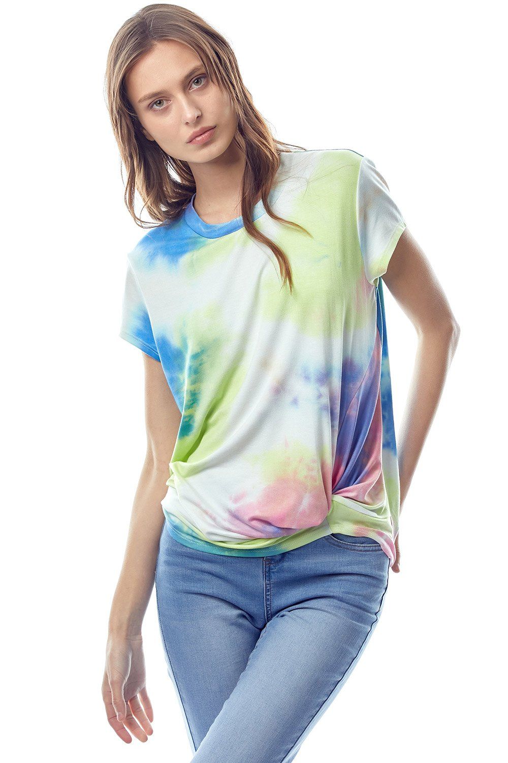 A vibrant tie dye jersey top featuring a crew neck and twist hem, designed with cap sleeves for a stylish and comfortable fit.