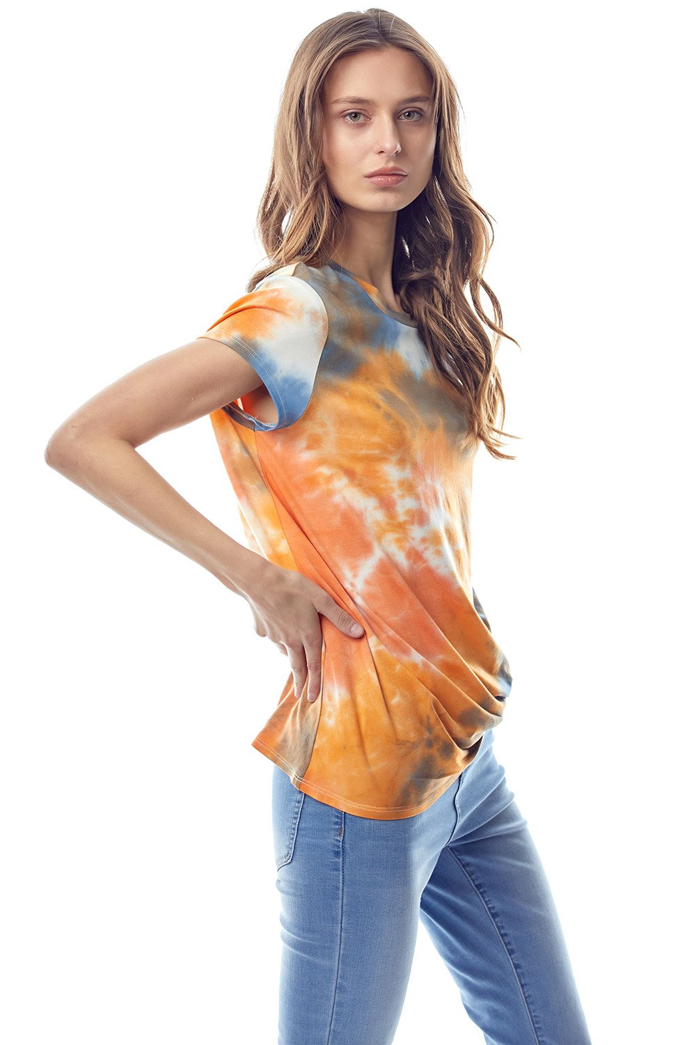 A vibrant tie dye jersey top featuring a crew neck and twist hem, designed with cap sleeves for a stylish and comfortable fit.