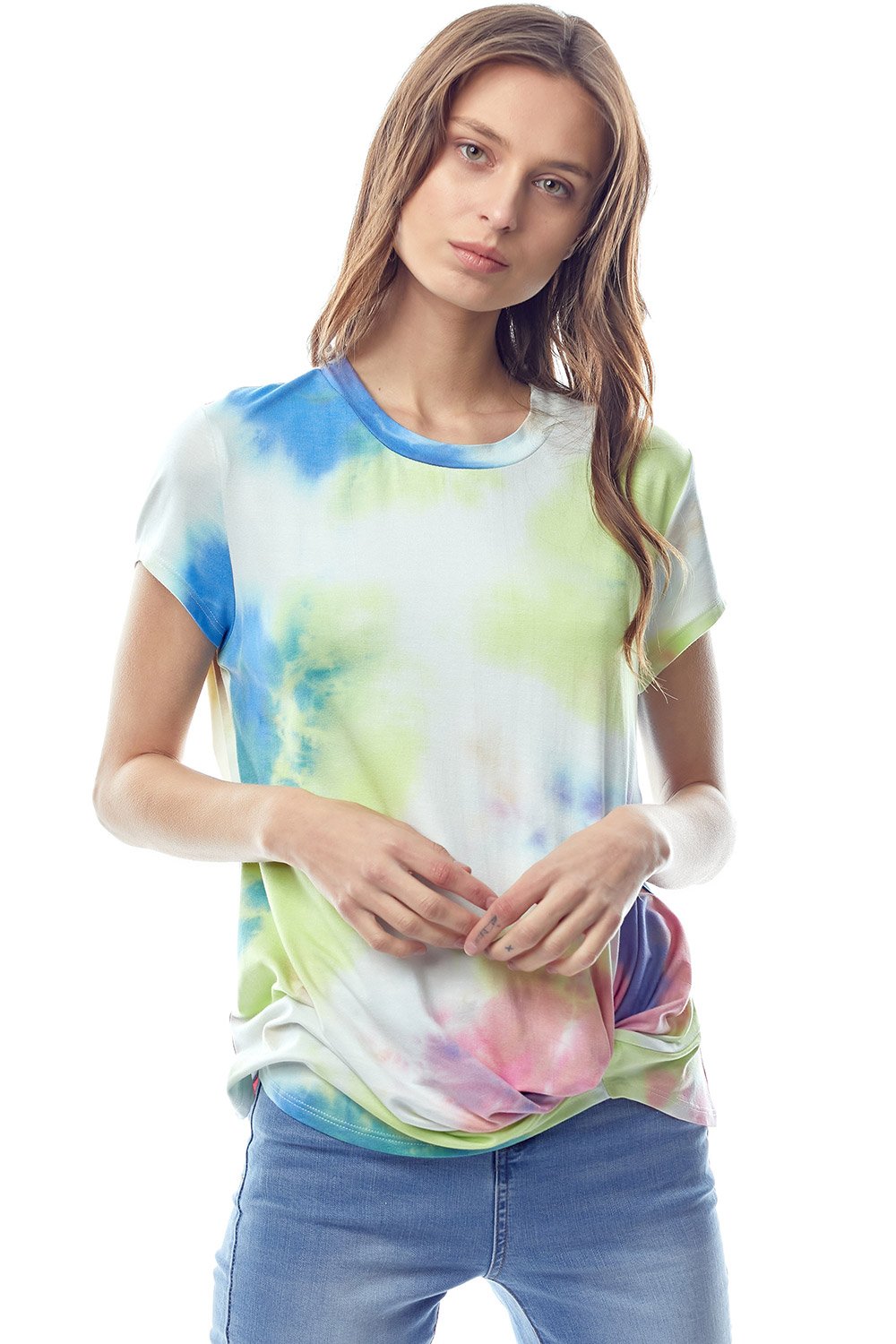 A vibrant tie dye jersey top featuring a crew neck and twist hem, designed with cap sleeves for a stylish and comfortable fit.