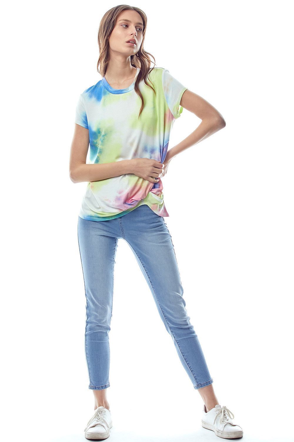 A vibrant tie dye jersey top featuring a crew neck and twist hem, designed with cap sleeves for a stylish and comfortable fit.