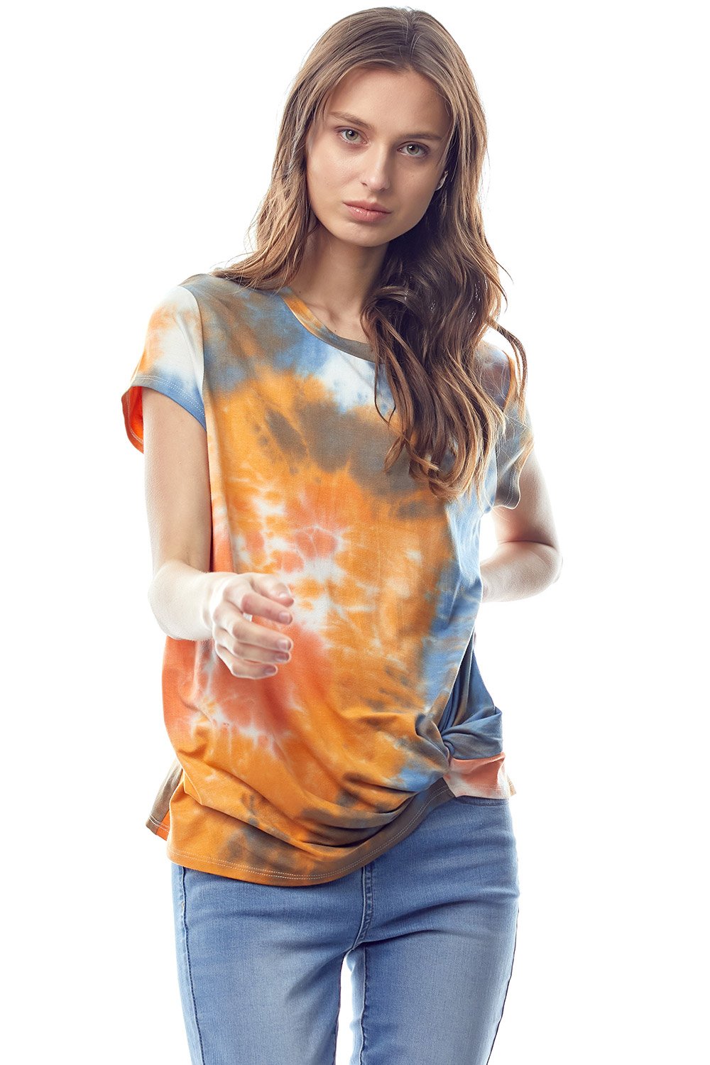 A vibrant tie dye jersey top featuring a crew neck and twist hem, designed with cap sleeves for a stylish and comfortable fit.