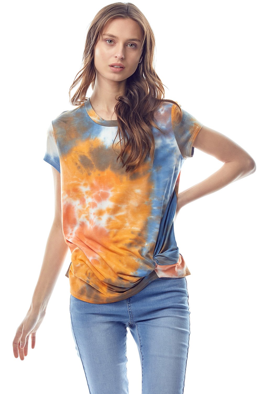 A vibrant tie dye jersey top featuring a crew neck and twist hem, designed with cap sleeves for a stylish and comfortable fit.