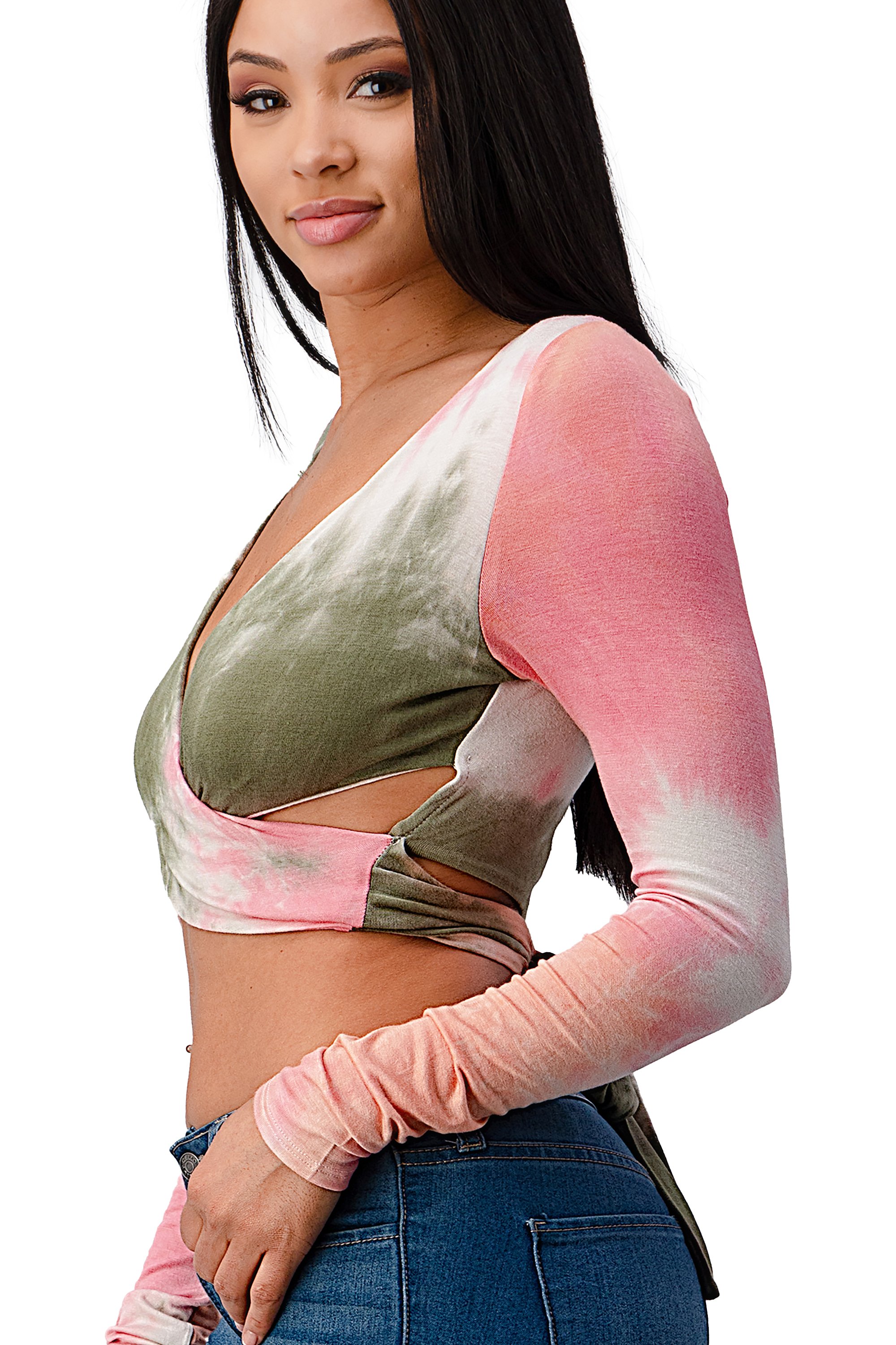 A stylish Rayon Tie Dye Surplice Tie Back Crop Top featuring a vibrant tie-dye pattern and a flattering surplice neckline, perfect for casual wear.