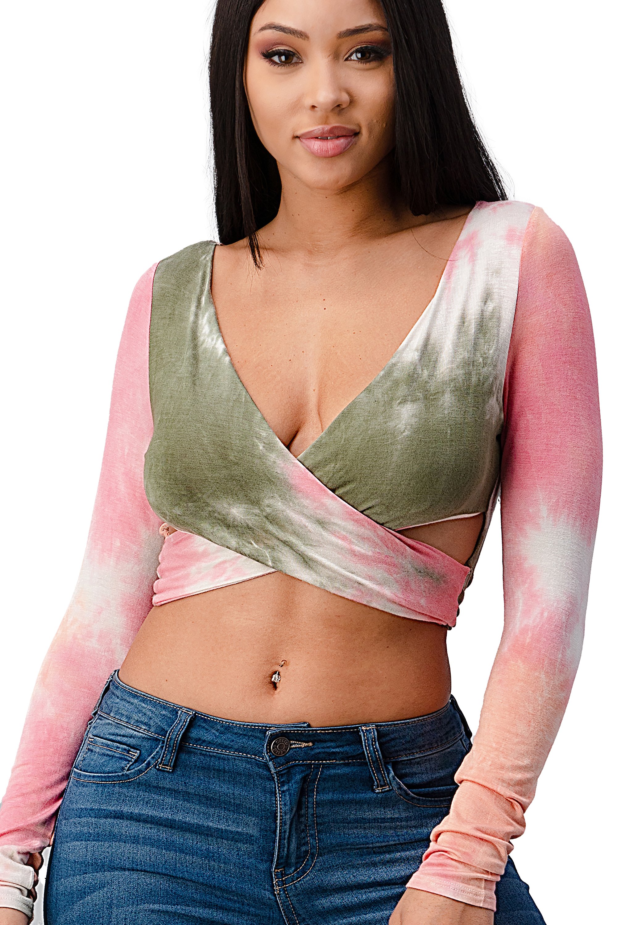 A stylish Rayon Tie Dye Surplice Tie Back Crop Top featuring a vibrant tie-dye pattern and a flattering surplice neckline, perfect for casual wear.
