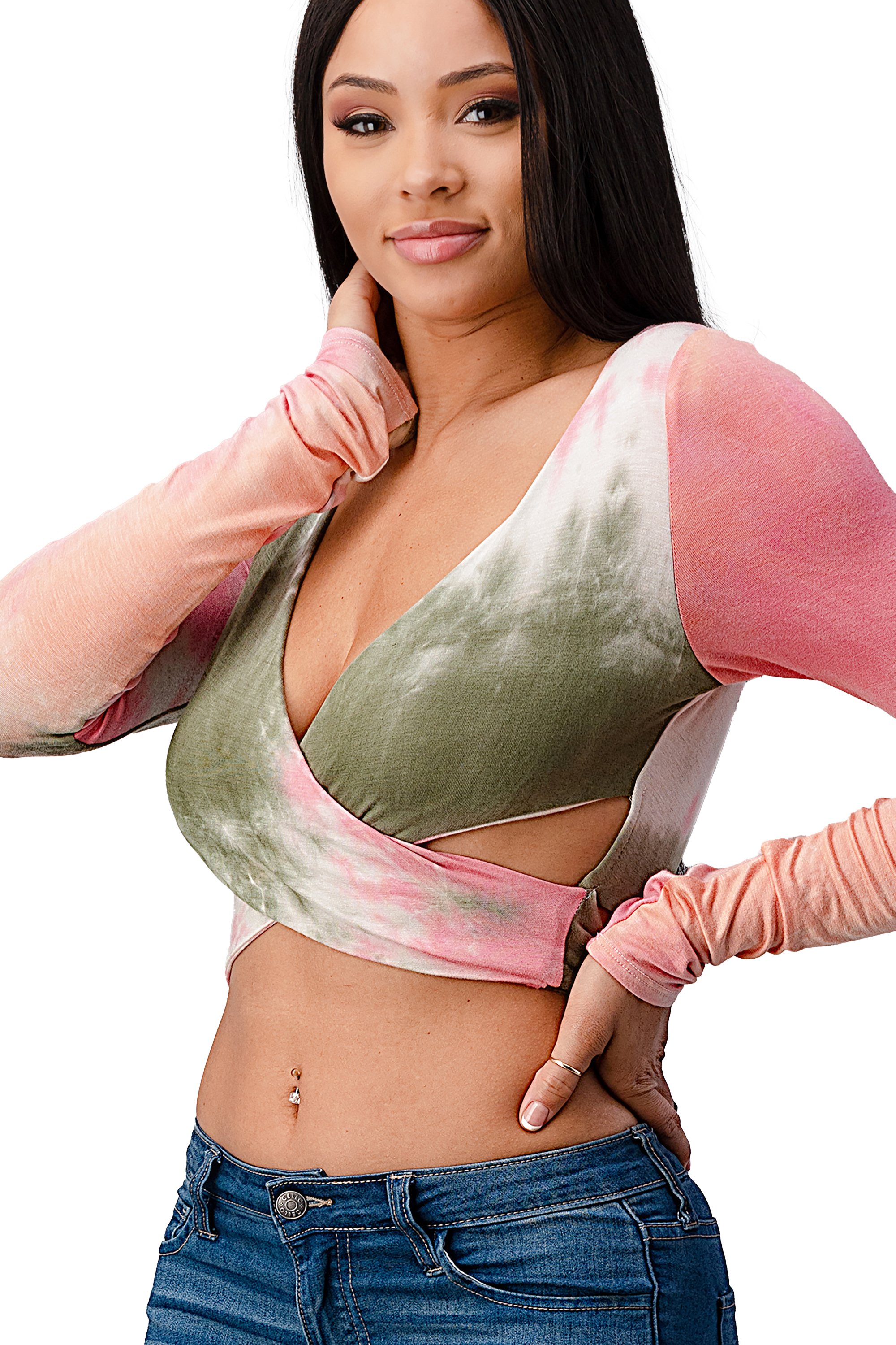 A stylish Rayon Tie Dye Surplice Tie Back Crop Top featuring a vibrant tie-dye pattern and a flattering surplice neckline, perfect for casual wear.