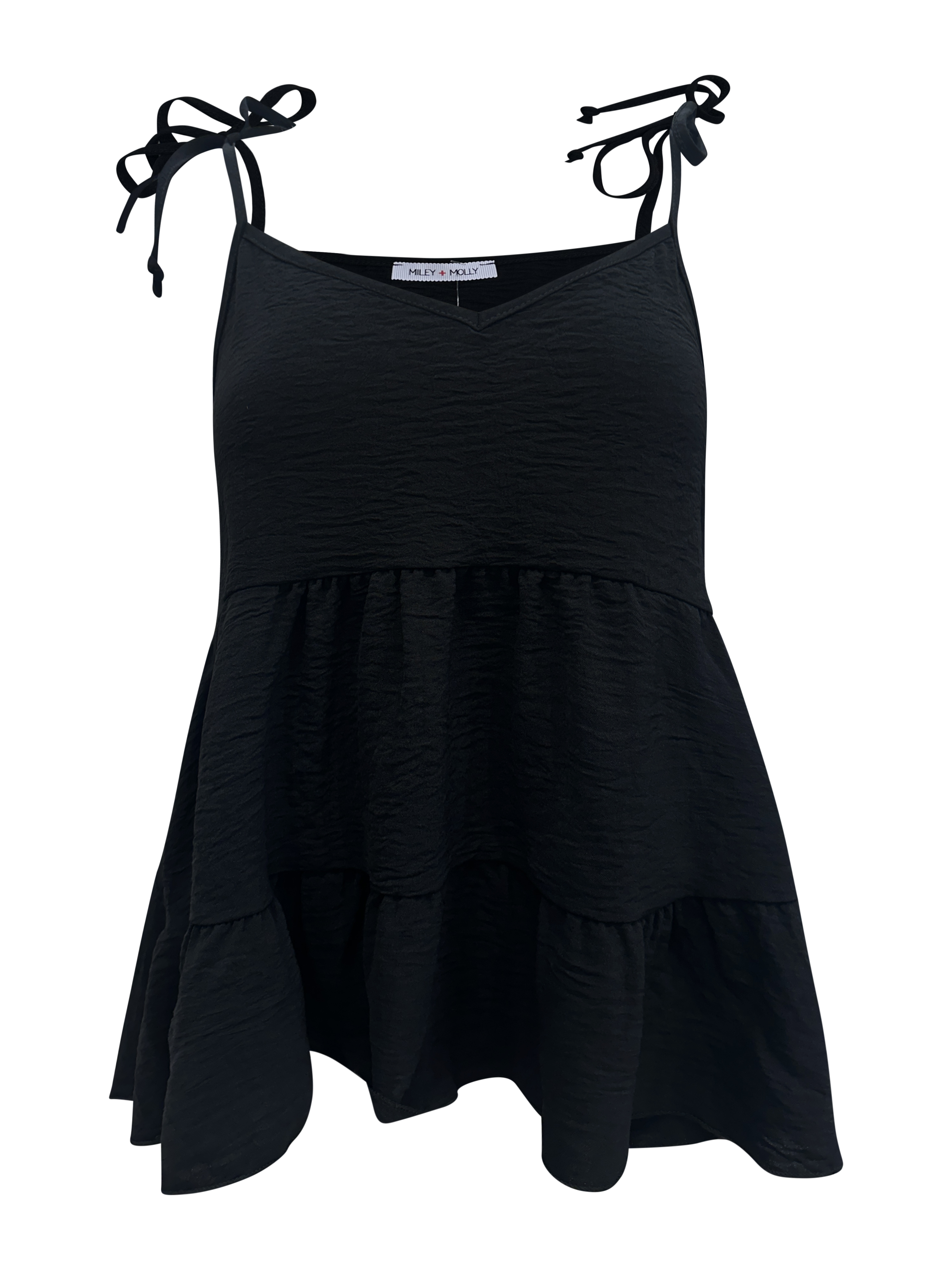 A stylish Tie-Strap Tiered Sleeveless Top featuring a V-neck and adjustable tie straps, perfect for casual or dressy occasions.