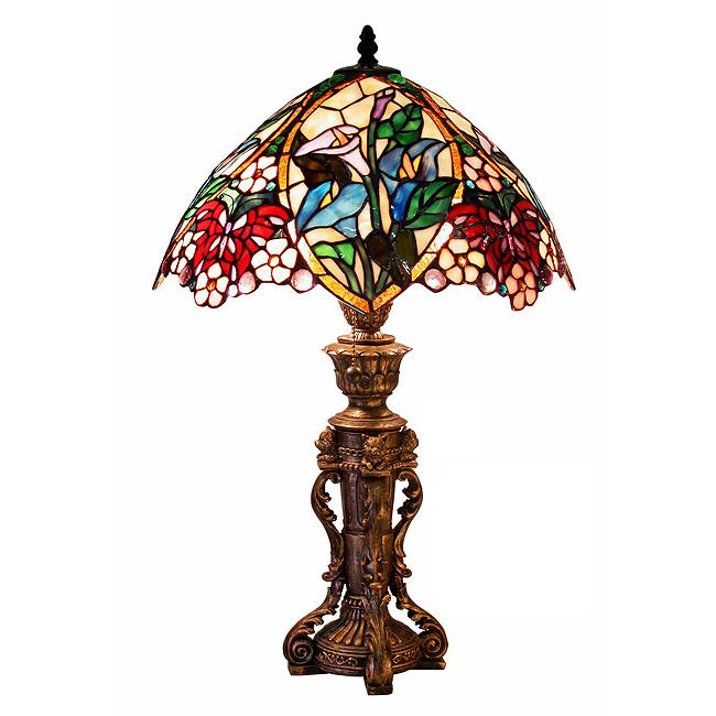 Tiffany Style Flower Design Table Lamp with vibrant stained glass shade and bronze base, showcasing intricate floral patterns.