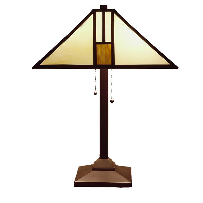 Tiffany-style White Mission-style Table Lamp with stained glass shade and bronze metal base, showcasing intricate design and elegant colors.
