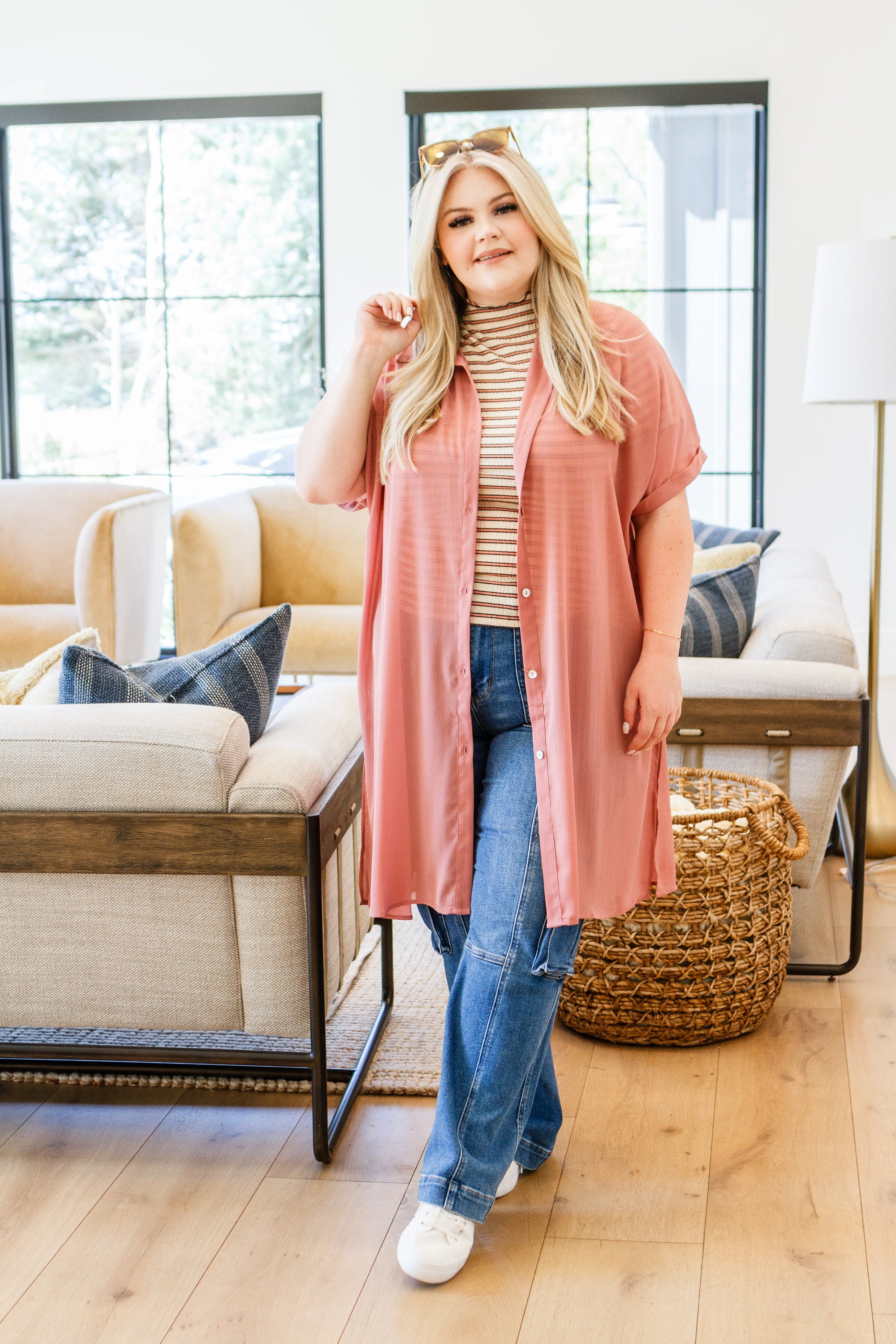 A stylish Timeless Appeal Shirtdress in sheer poly chiffon, featuring a collared design, button front, and side slits, perfect for any occasion.