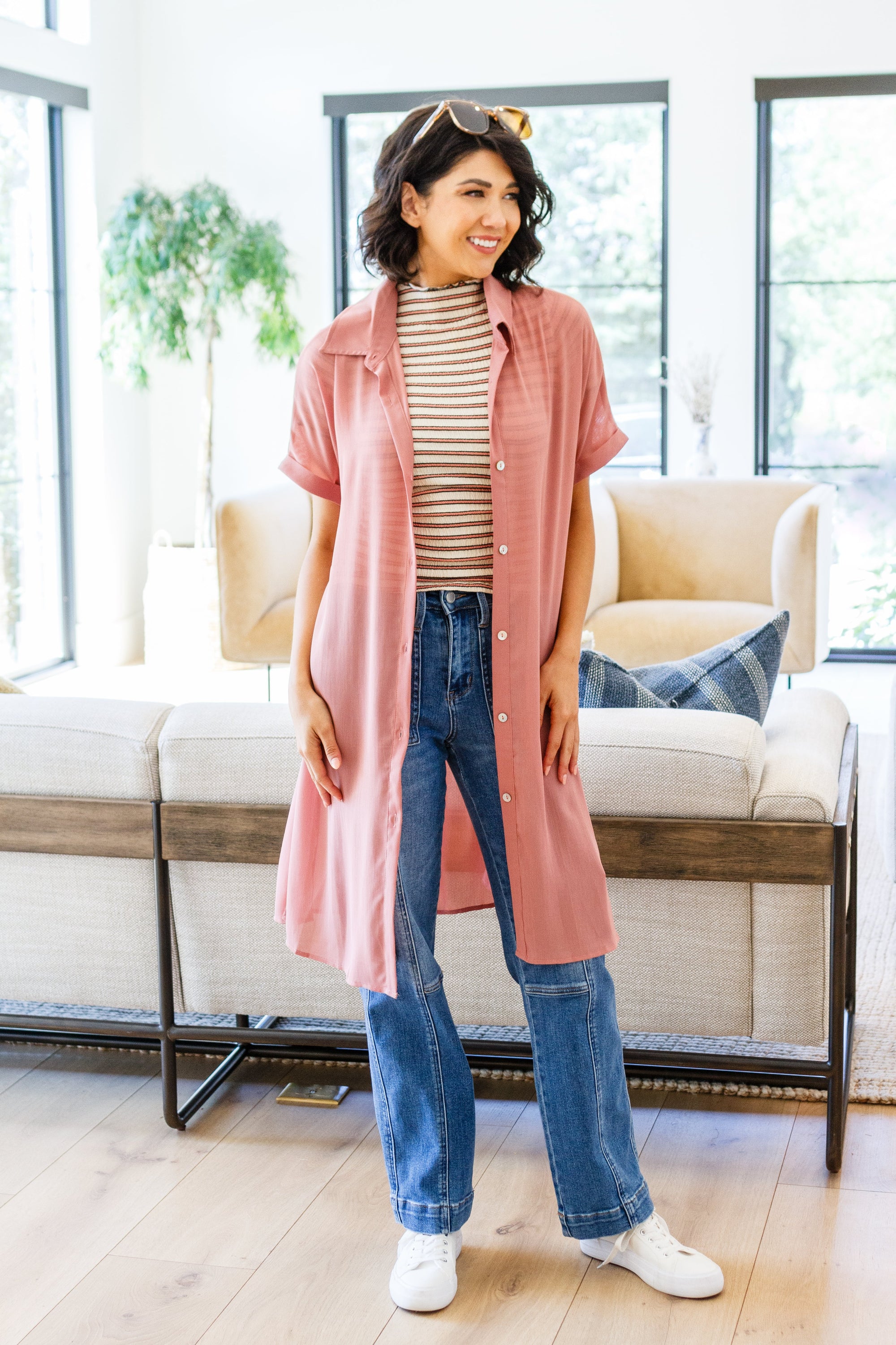 A stylish Timeless Appeal Shirtdress in sheer poly chiffon, featuring a collared design, button front, and side slits, perfect for any occasion.