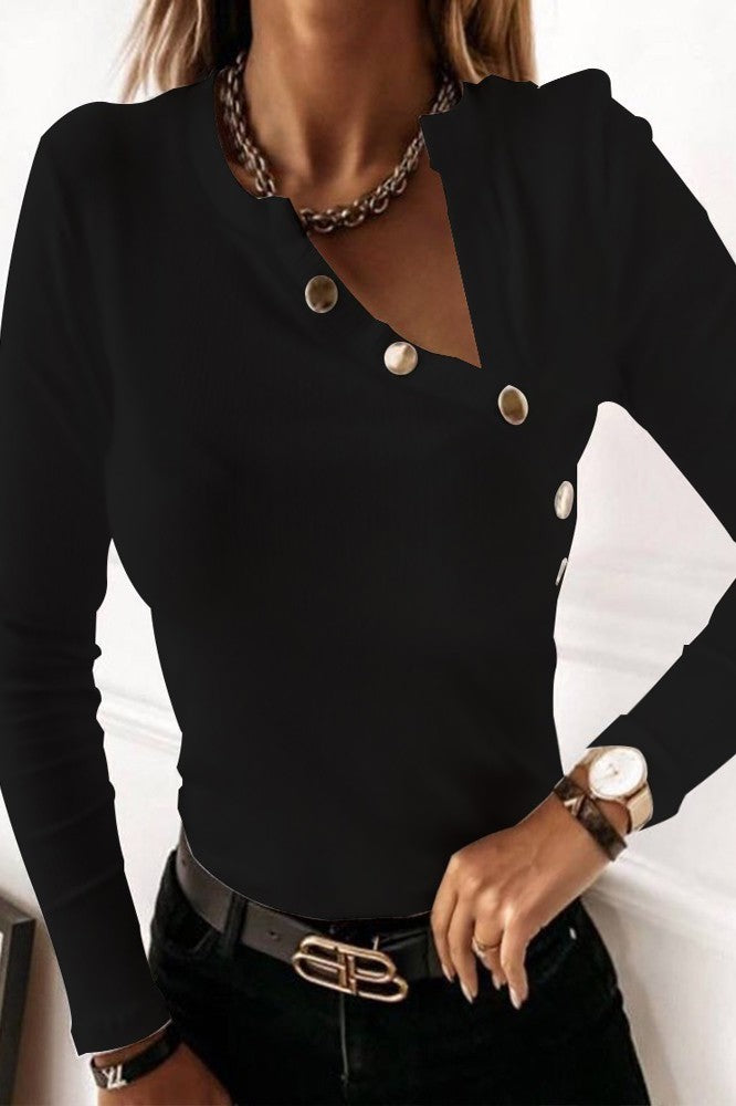 Elegant black Lescana top featuring an asymmetrical neckline with buttons and long sleeves, perfect for stylish outfits.