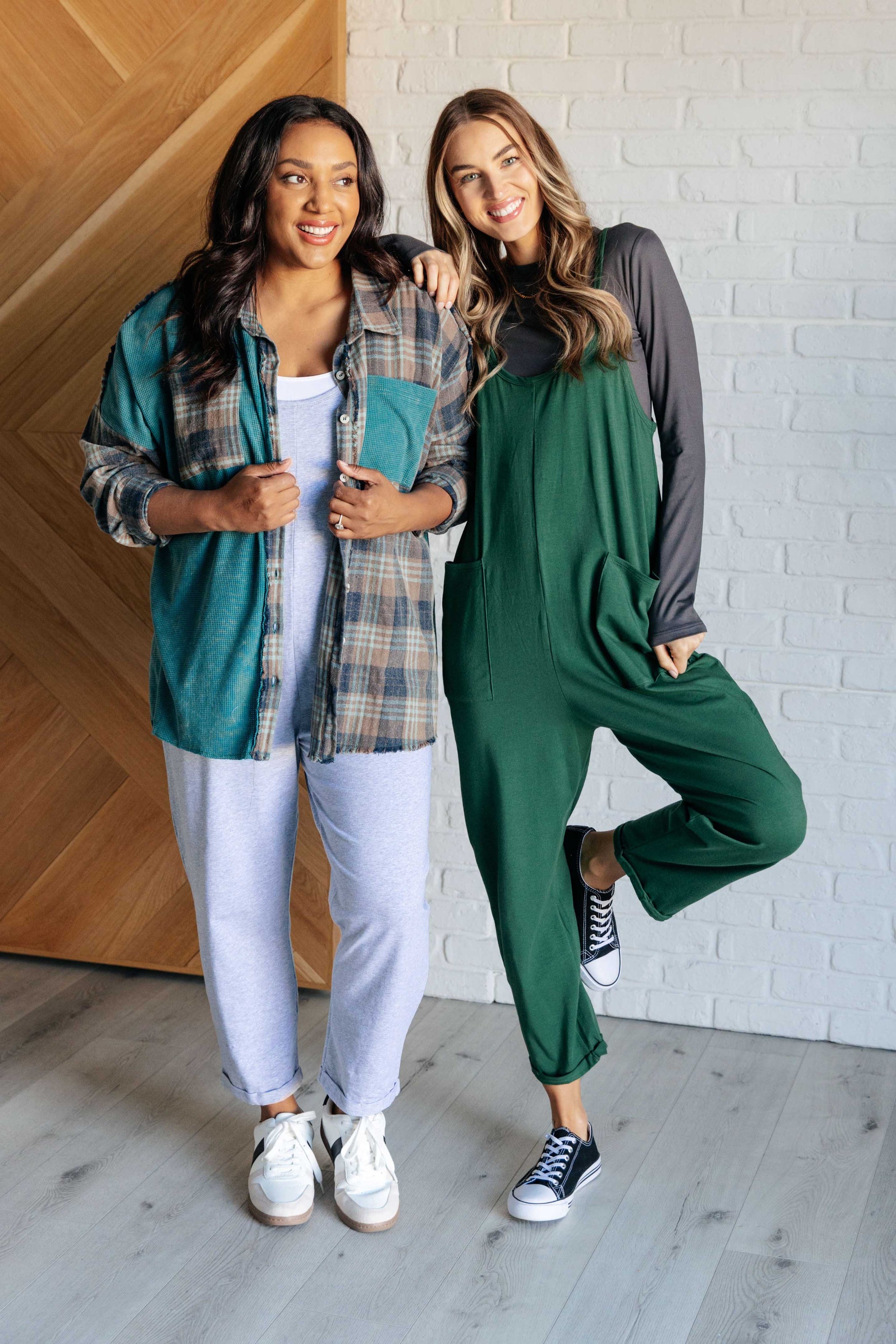 Totally Me Spaghetti Strap Jumpsuit in Heather Grey, featuring a scooped neckline, spaghetti straps, and functional patch pockets.