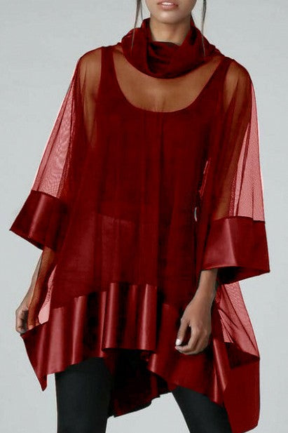 Burgundy transparent tunic featuring artificial leather and faux fur sleeves, stylish and loose fitting.