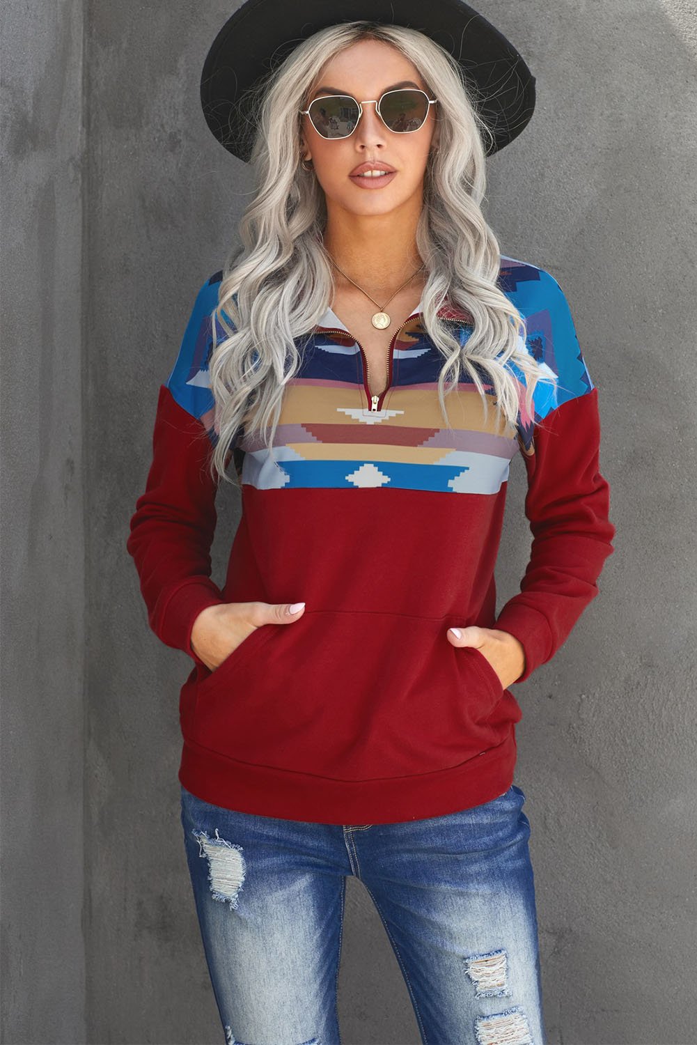 A stylish Turn Down Collar Zip Tribal Print Sweatshirt featuring a unique tribal print design and a comfortable loose fit.