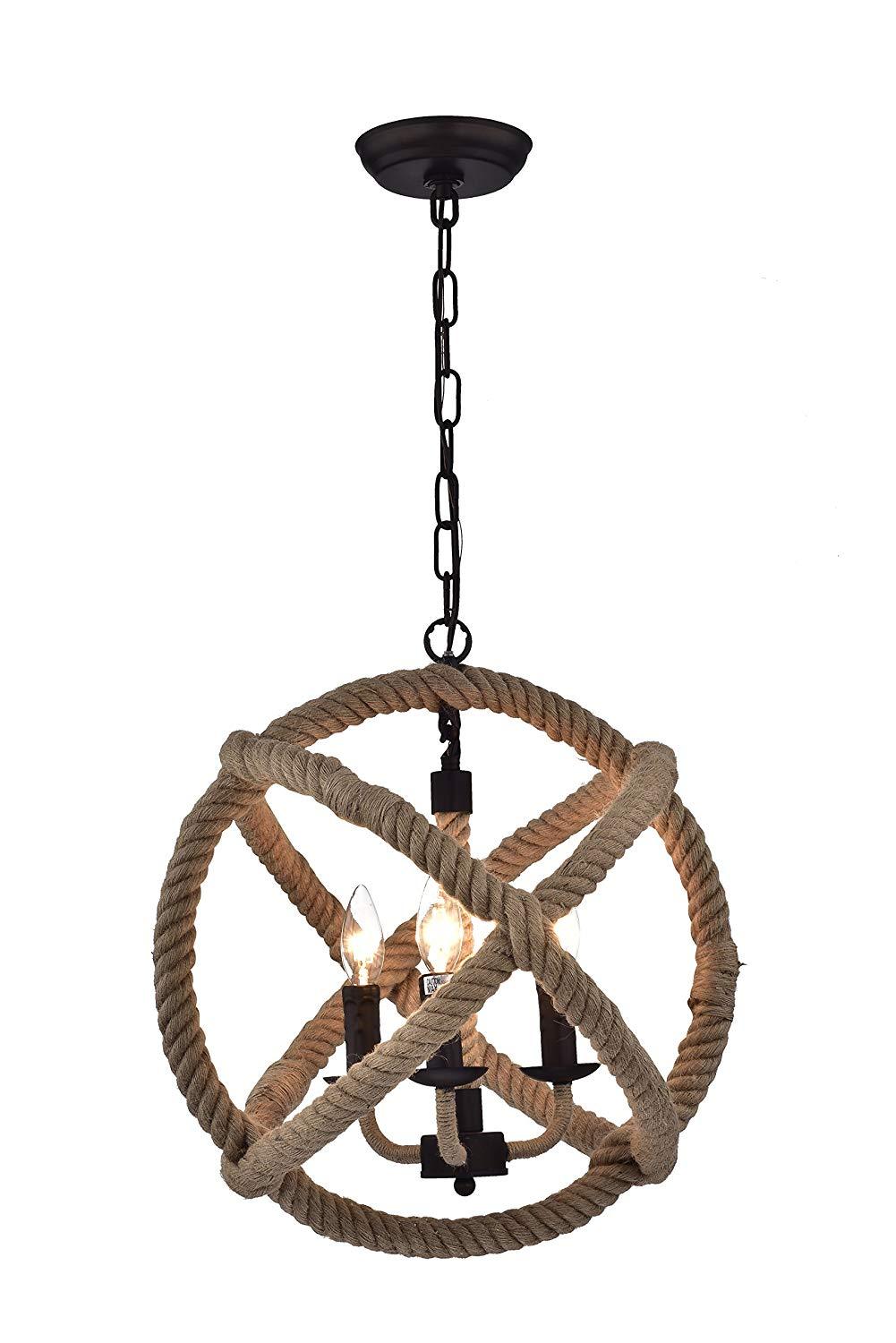 Twirlie 16.5-inch antique bronze chandelier with hemp rope detailing, illuminating a stylish dining room.