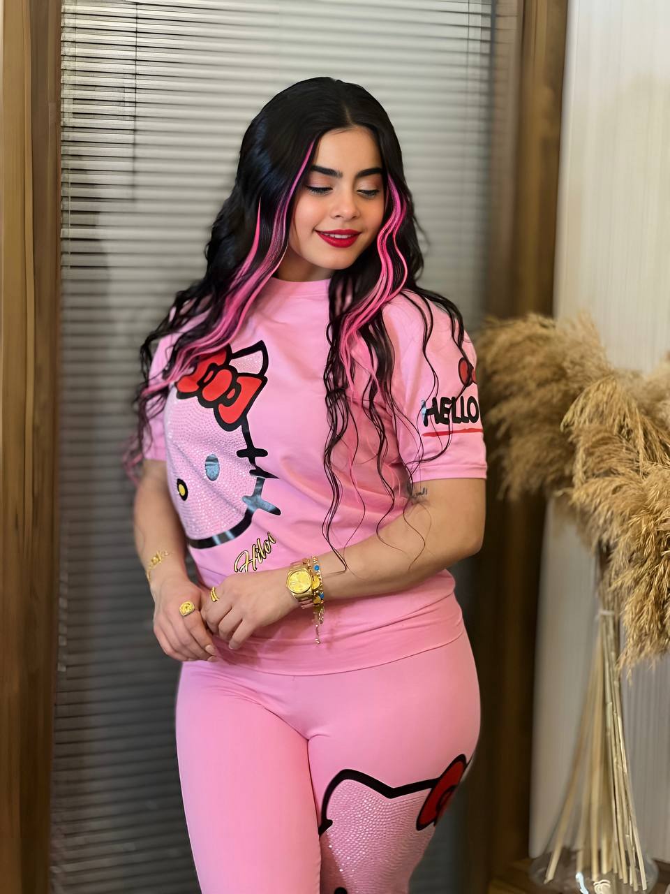 Two Piece Cartoon Shirt and Jogger Pants Set featuring cute kitty cartoon characters, perfect for cat lovers.