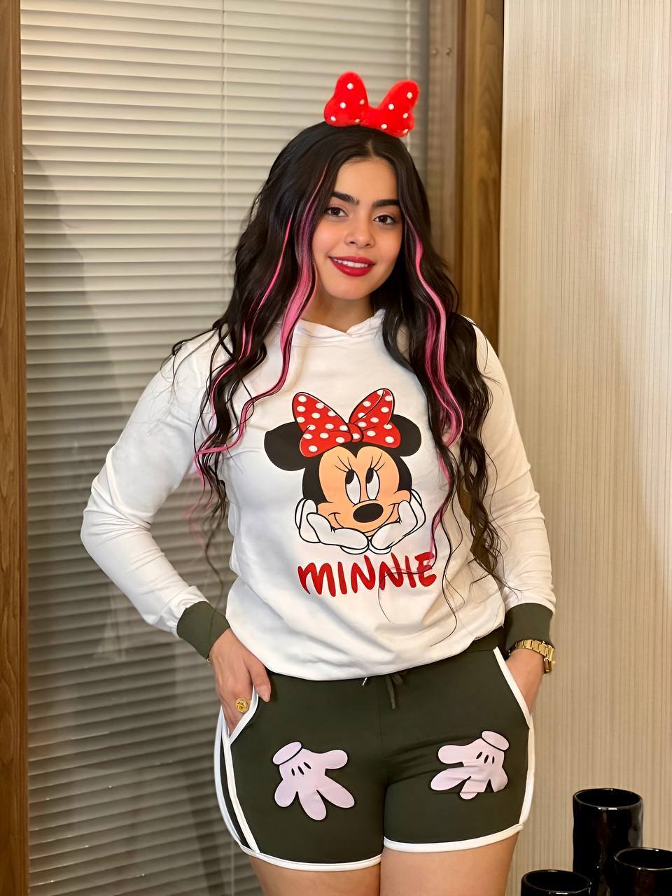 Two-piece set featuring a Minnie Mouse long sleeve hoodie and matching shorts, perfect for young Disney fans.