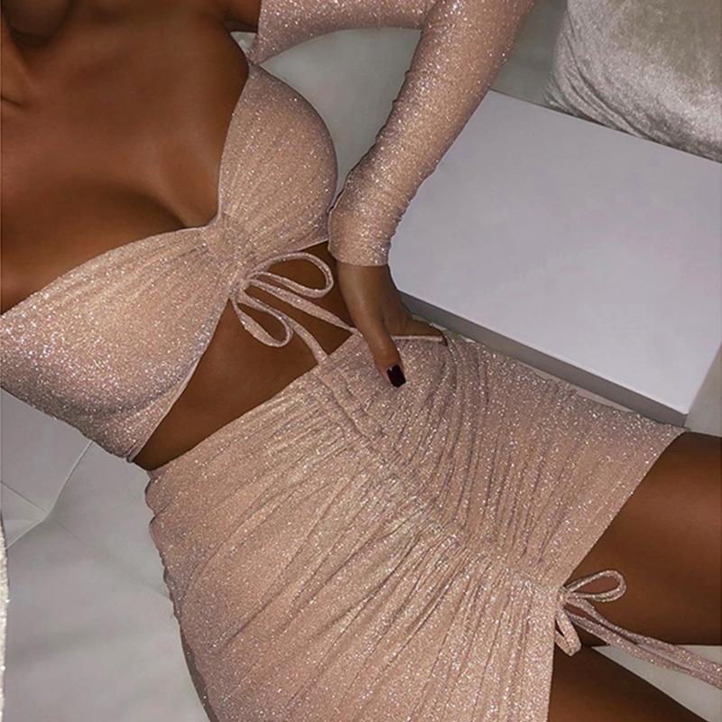 Glamaker two-piece lurex pink lace-up short dress featuring a high waist and A-line silhouette, perfect for winter parties.