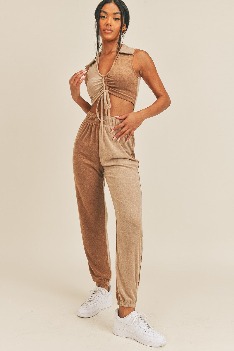Two-tone color two-piece set featuring a V-neck polo and high-rise joggers in camel and taupe.