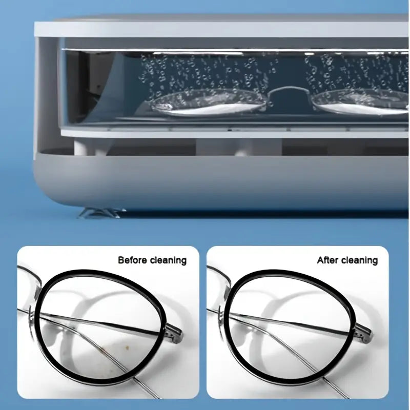 Portable ultrasonic cleaner machine designed for effective jewelry and eyeglass cleaning with high-frequency vibrations.